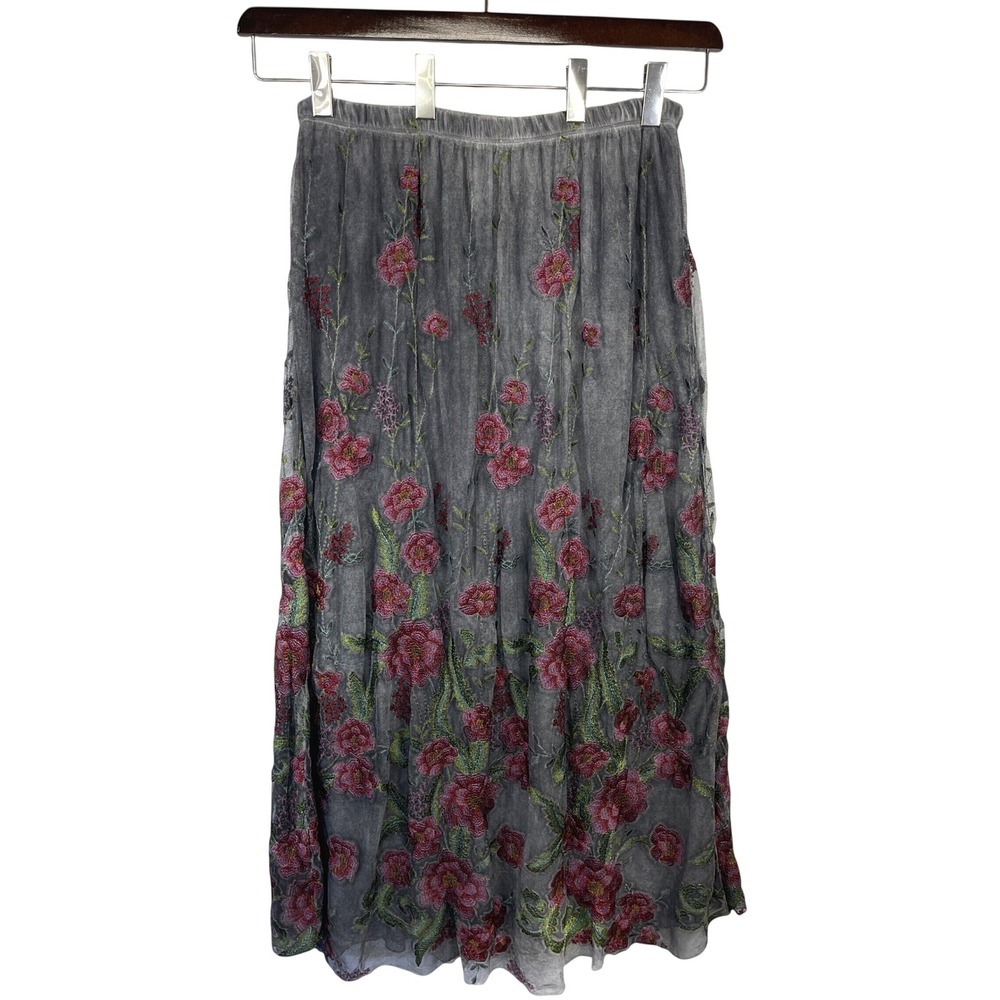 Soft Surrounding Floral Embroidered Mesh Midi Skirt L Boho Cottagecore Whimsical